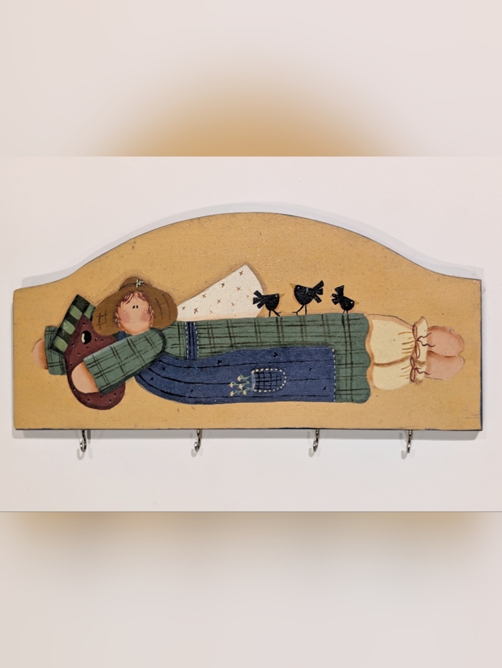Hand-Painted Folk Art Angel Wall Hook Panel in Green and Blue
